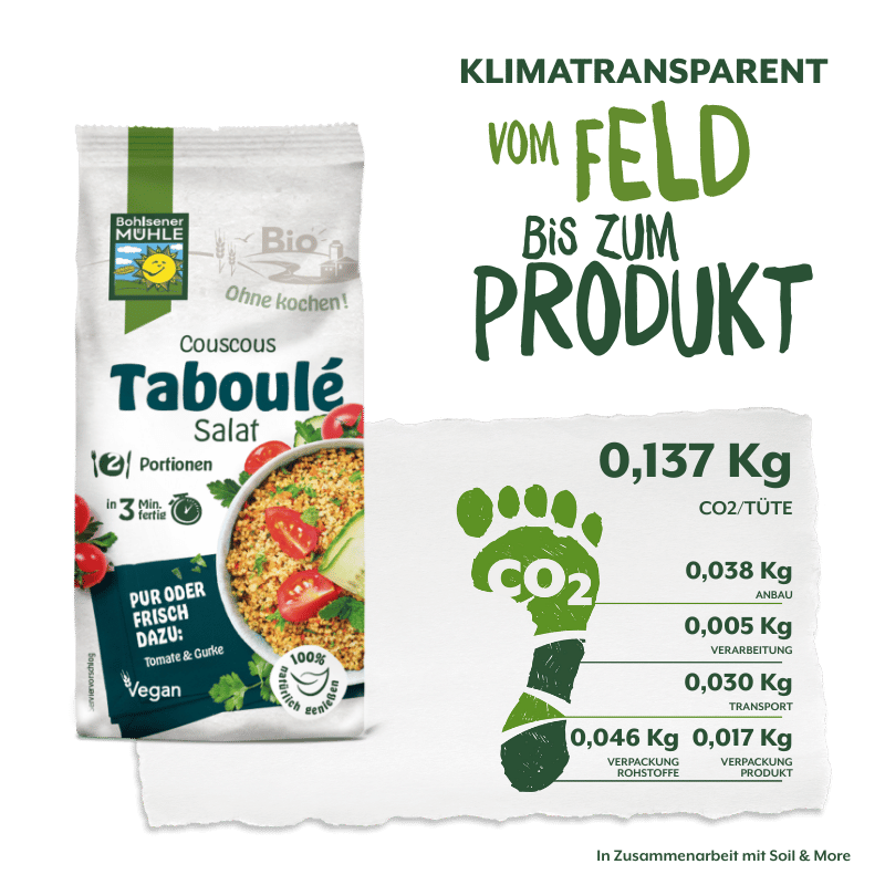 Bohlsener Mühle Taboulé-Salatpaket. Zeigt den CO2-Fußabdruck vom Feld bis zum Produkt an und hebt nachhaltige landwirtschaftliche Praktiken hervor.