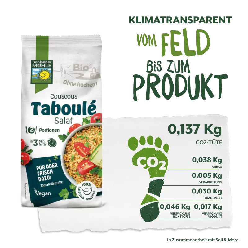 Bohlsener Mühle Taboulé-Salatpaket. Zeigt den CO2-Fußabdruck vom Feld bis zum Produkt an und hebt nachhaltige landwirtschaftliche Praktiken hervor.