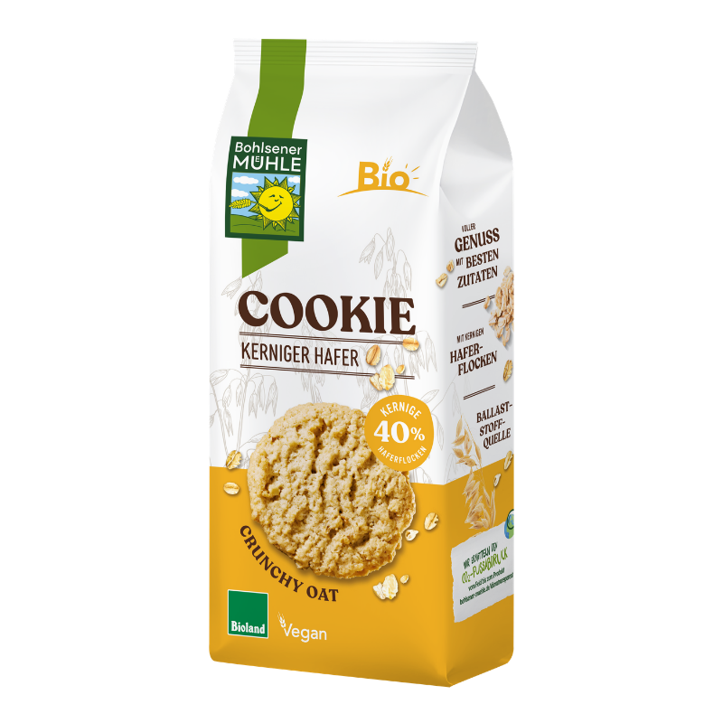 Eine Packung Bohlsener Mühle Cookie Kerniger Hafer mit einem abgebildeten, runden und knusprigen Haferkeks.