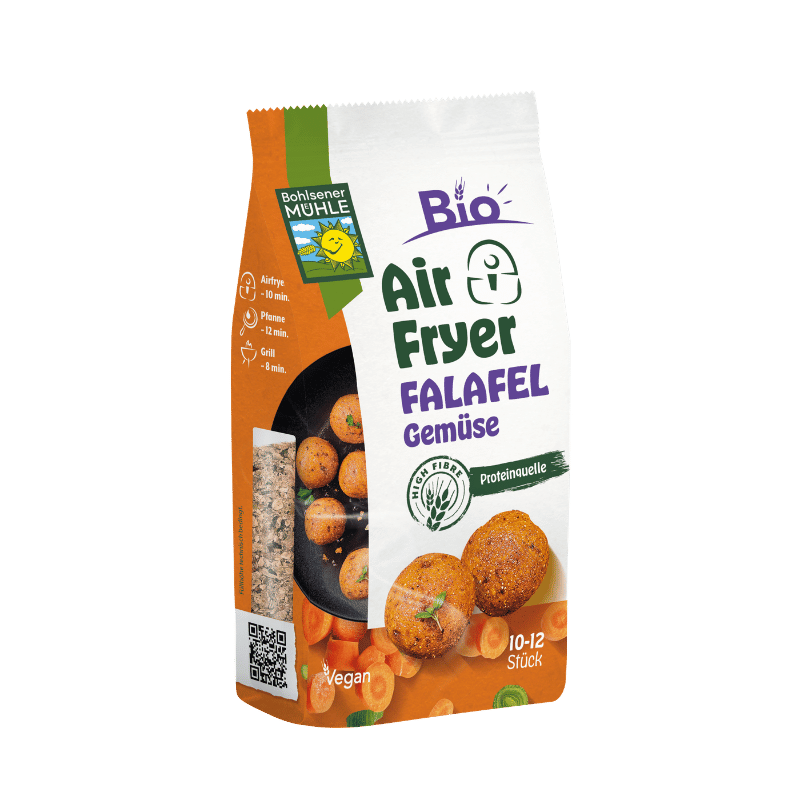 Die Packung Bohlsener Mühle Bio Air Fryer Falafel Gemüse zeigt knusprige Falafelbällchen auf orangem Hintergrund.