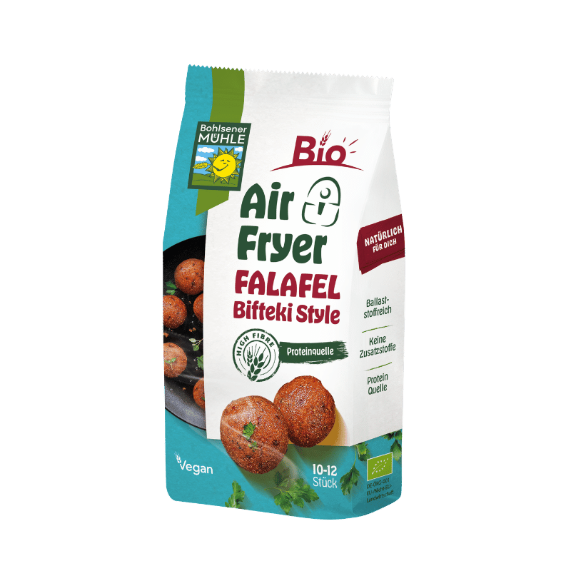Die Packung Bohlsener Mühle Air Fryer Falafel Bifteki Style zeigt runde, gebratene Falafelbällchen auf grünem Grund.