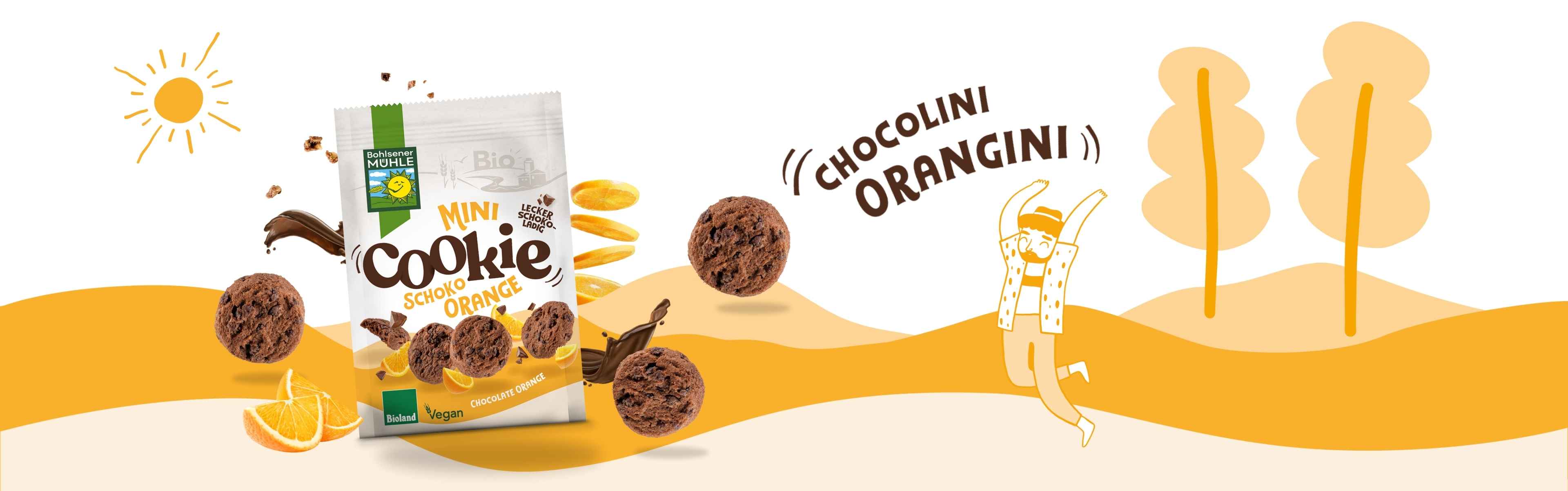 Bohlsener Mühle Mini Cookie Schoko Orange mit Schokoladenstückchen und Orangenstücken.