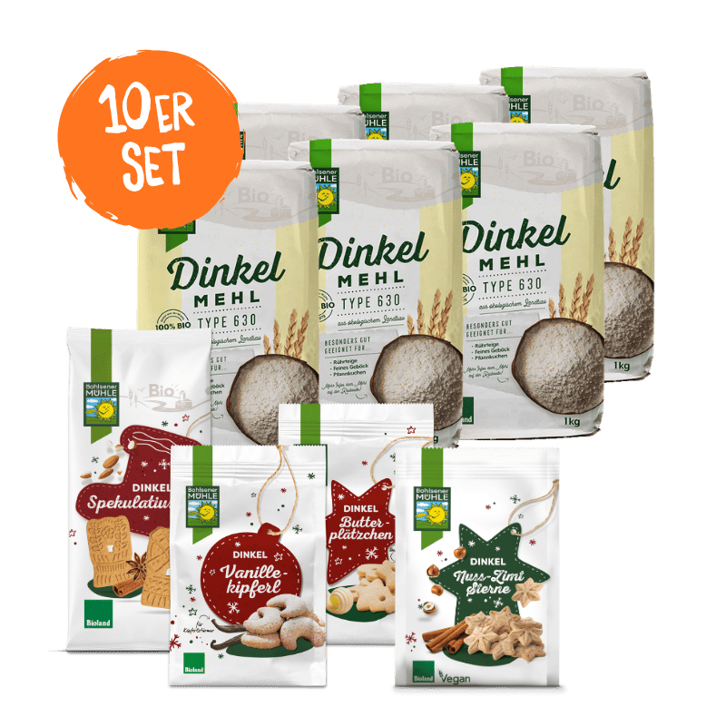 Ein 10er Set mit Bohlsener Mühle Dinkelmehl Typ 630 und verschiedenen weihnachtlichen Dinkel-Plätzchen-Sorten.