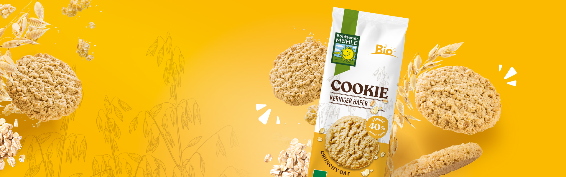 Bohlsener Mühle Cookie Kerniger Hafer mit Haferflocken vor einem gelben Hintergrund.