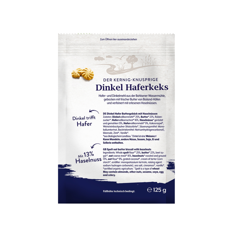 Die Verpackung der Bohlsener Mühle zeigt einen Dinkel Haferkeks mit Haselnuss und detaillierte Produktinformationen.