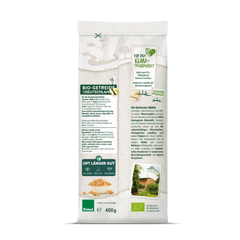 Verpackung von Bohlsener Mühle Bio-Getreide mit Crunchy und Nährwertangaben.