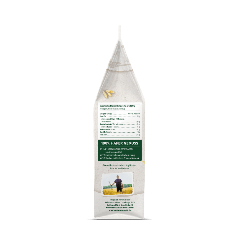 Verpackung von Bohlsener Mühle 100% Hafer Genuss mit Nährwertangaben.