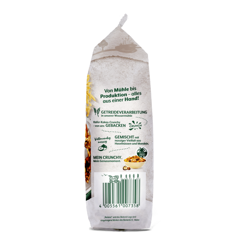 Verpackung von Bohlsener Mühle Hafer-Kokos-Crunchy mit Nüssen.