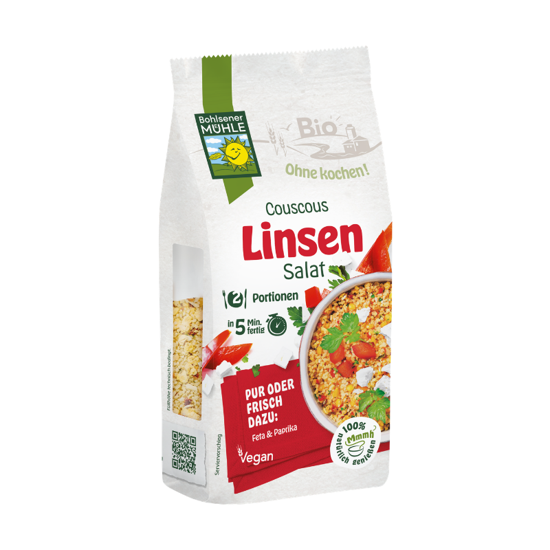 Eine Packung Bohlsener Mühle Couscous Linsen Salat mit abgebildeter Schale voll zubereitetem Salat.
