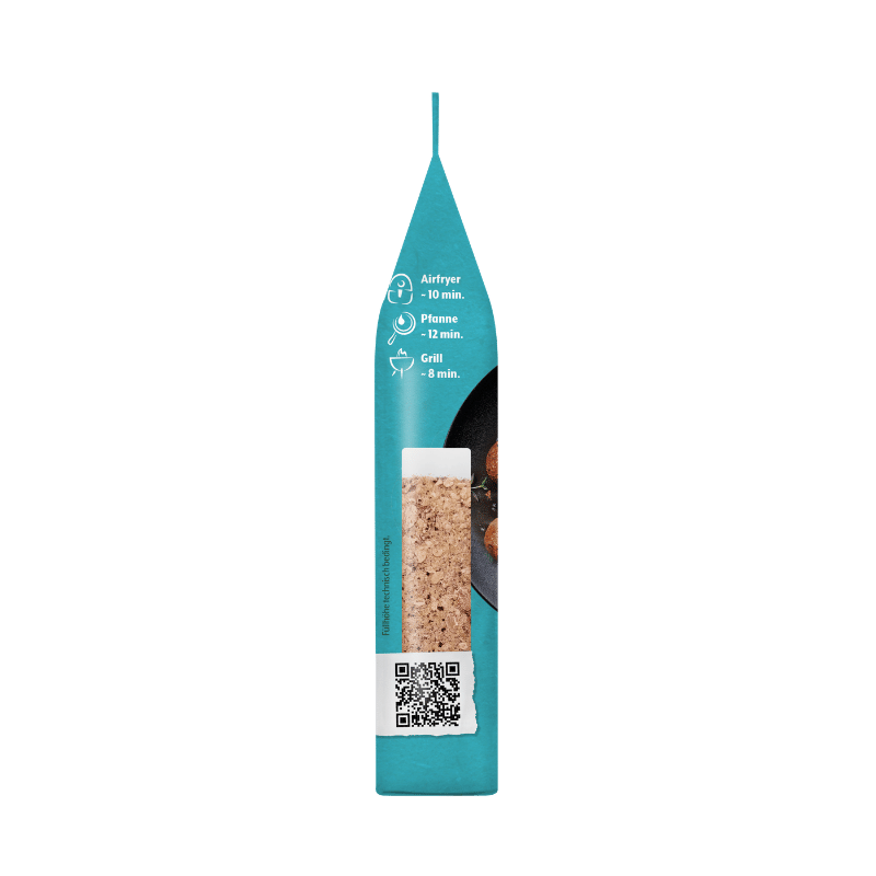 Die Seite der Bohlsener Mühle Packung zeigt Zubereitungshinweise für das Crunchy Produkt mit einem QR-Code.