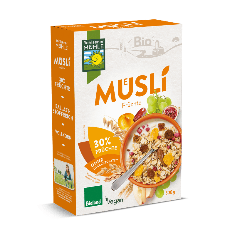 Bohlsener Mühle Müsli mit 30% Früchten in einer Schüssel.