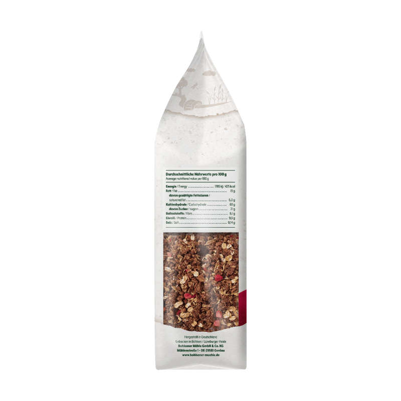Bohlsener Mühle Müsli mit getrockneten Früchten und Haferflocken in einer Tüte.