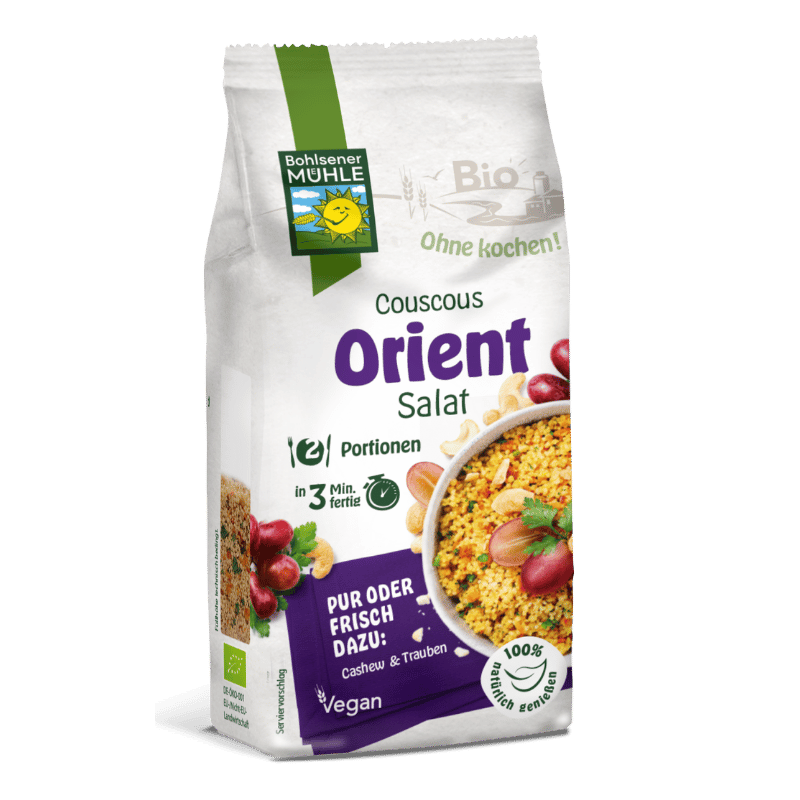 Bohlsener Mühle Couscous Orient Salat in einer Verpackung mit Zutaten.