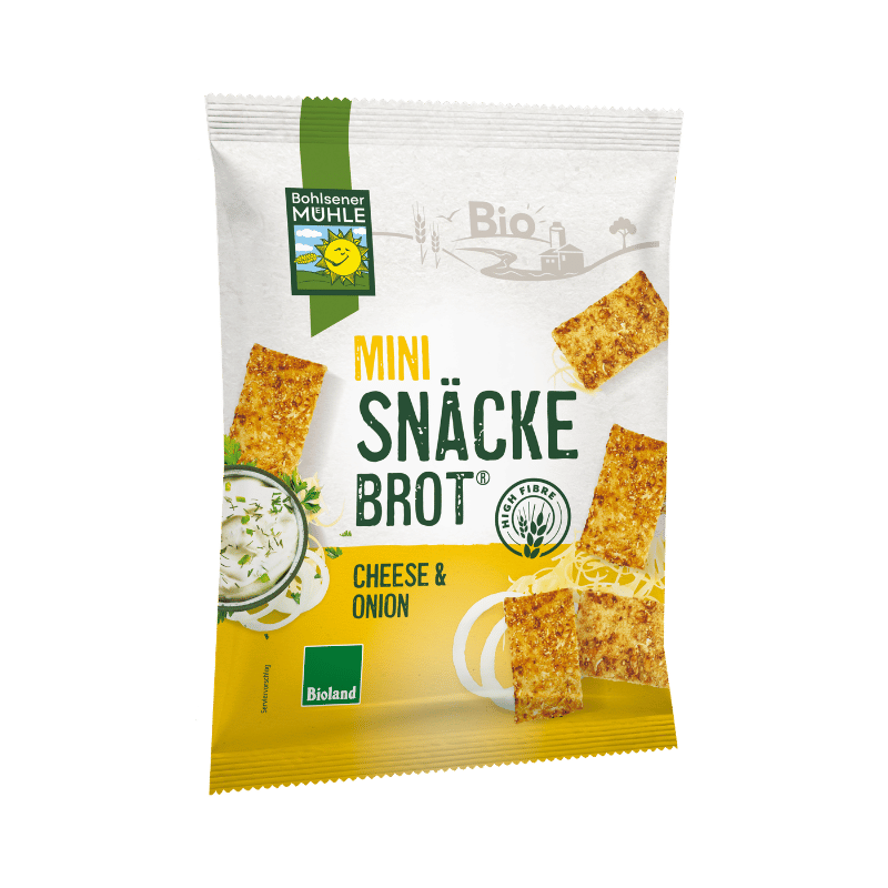 Bohlsener Mühle Mini Snäcke Brot mit Käse und Zwiebeln in der Verpackung.
