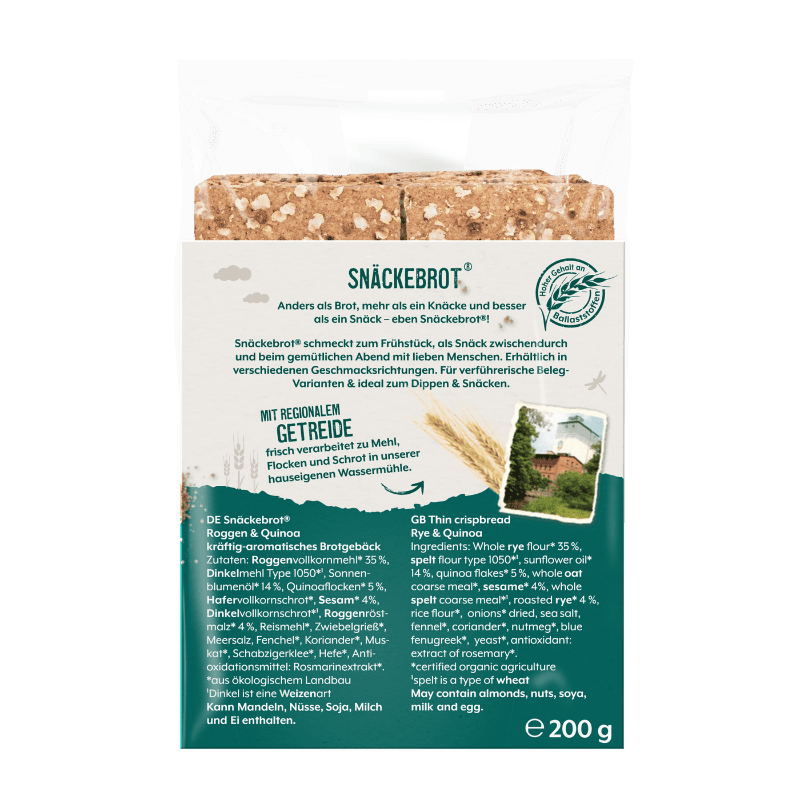Rückseite der Bohlsener Mühle Snäckebrot Roggen & Quinoa Packung mit Zutatenliste und Abbildung der Wassermühle.