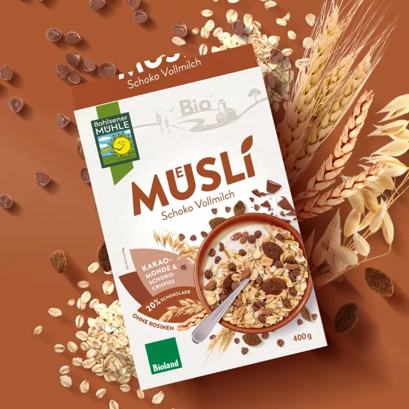 Bohlsener Mühle Schoko Vollmilch Müsli mit Schokoladenstückchen und Haferflocken.