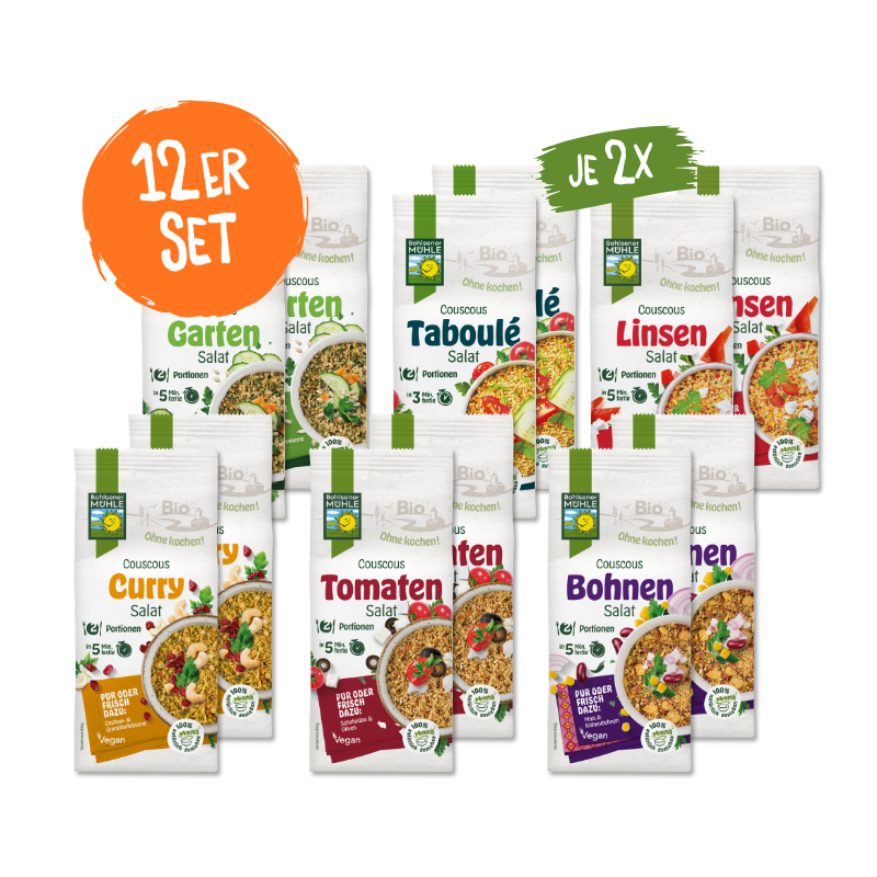 Ein 12er Set verschiedener Bio Couscous Salat Sorten der Bohlsener Mühle in praktischen Portionsbeuteln.
