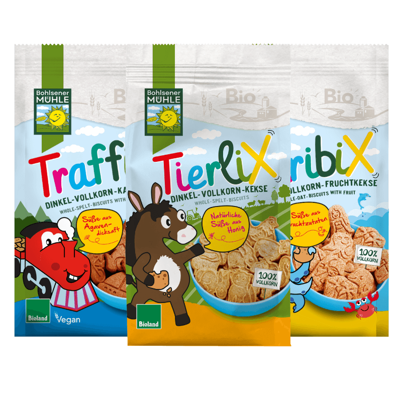 Bohlsener Mühle TierliX und Traffi Dinkel-Vollkorn-Kekse in Verpackungen.