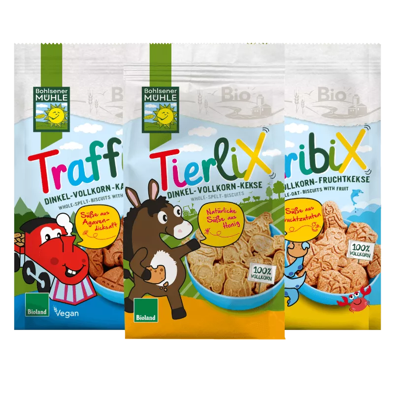 Bohlsener Mühle TierliX und Traffi Dinkel-Vollkorn-Kekse in Verpackungen.