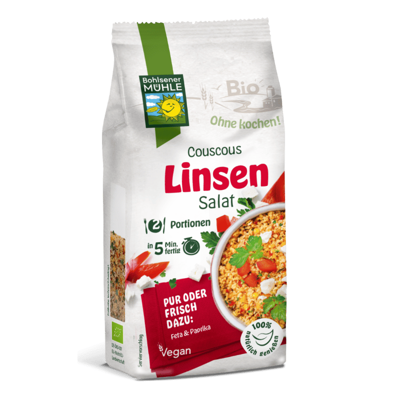 Bohlsener Mühle Couscous Linsensalat in der Verpackung mit frischen Zutaten.
