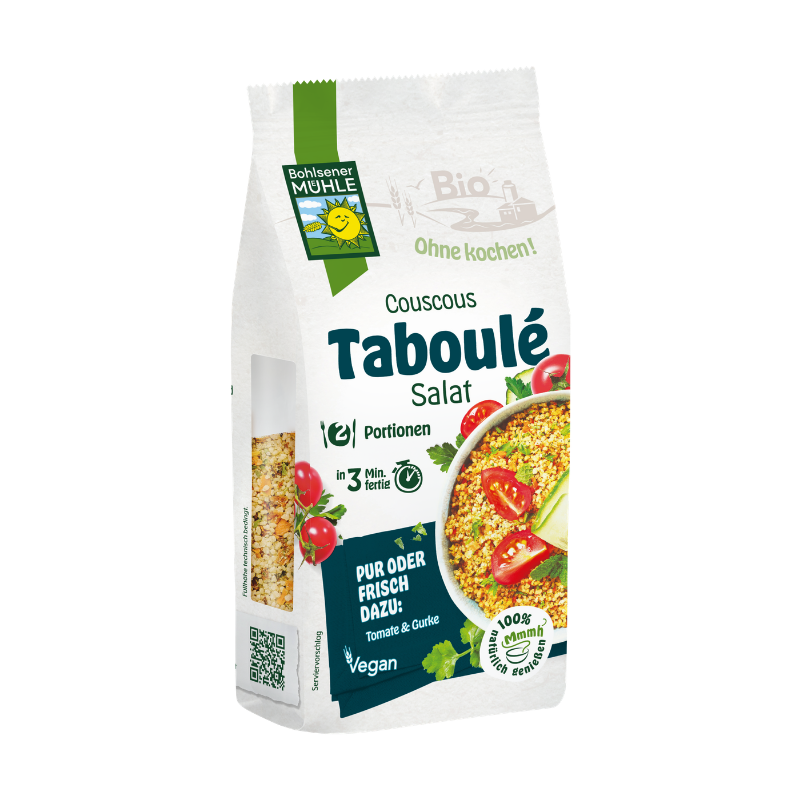 Die Packung Bohlsener Mühle Couscous Taboulé Salat mit Abbildung einer Schüssel voll zubereitetem Couscous-Salat.