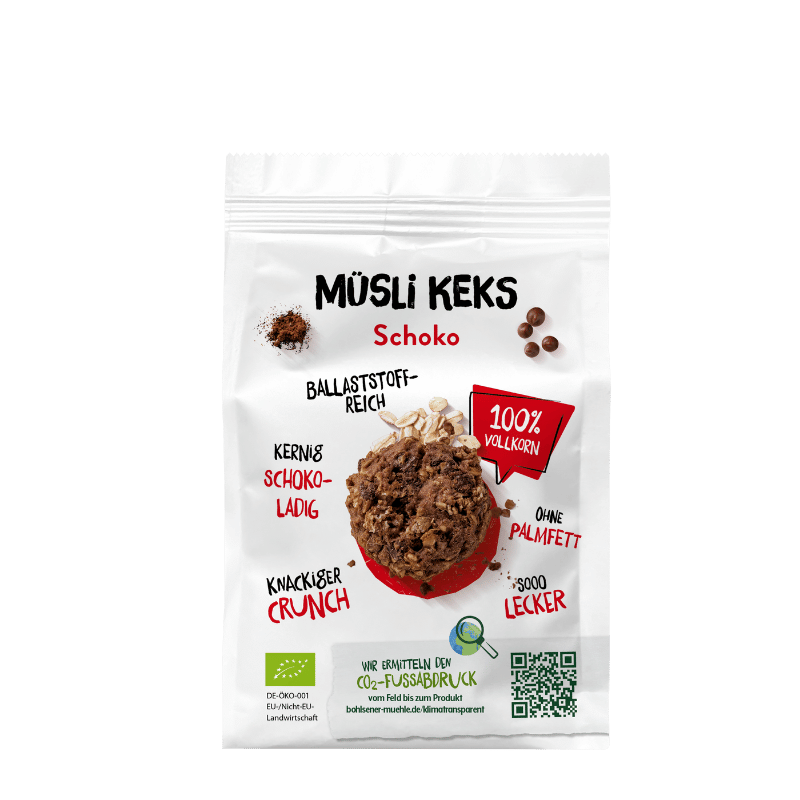 Verpackung des Bohlsener Mühle Müsli Keks Schoko mit Schokoladenstückchen.