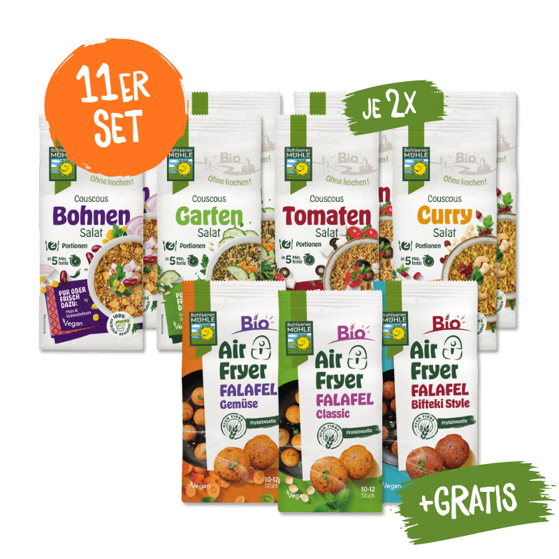 Bohlsener Mühle 11er Set mit verschiedenen Couscous Salaten und Air Fryer Falafel Sorten als Gratis-Zugabe.