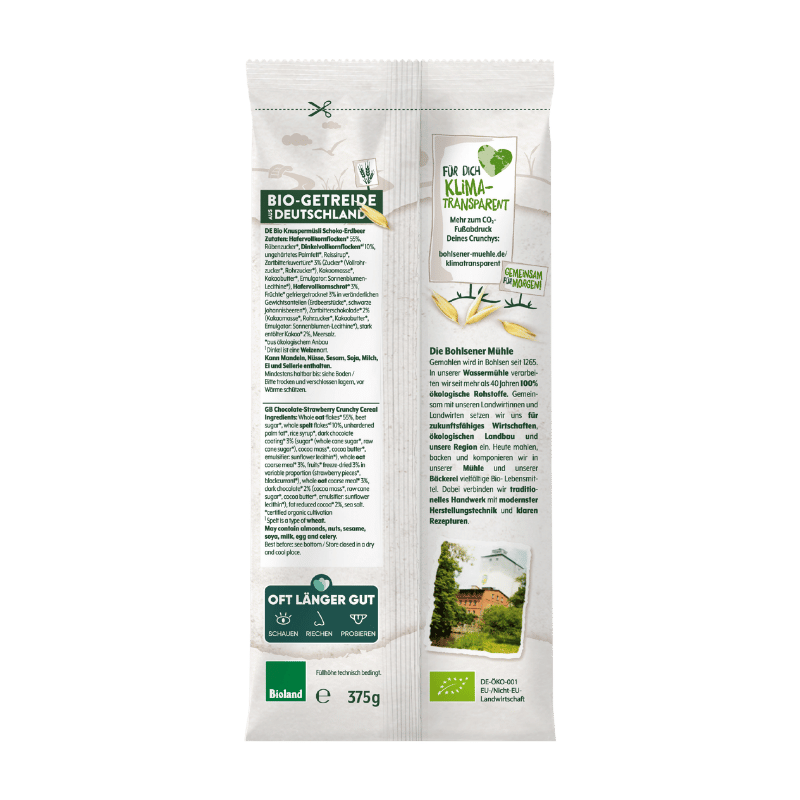 Verpackung von Bohlsener Mühle Bio-Getreide mit Crunchy und Schokoladengeschmack.