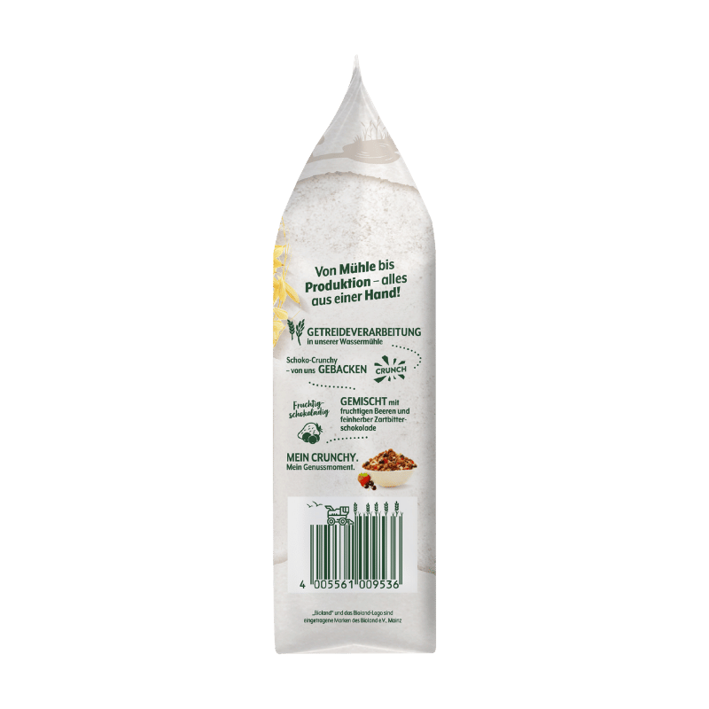 Rückseite der Bohlsener Mühle Schoko-Crunchy Verpackung mit Zutatenliste.
