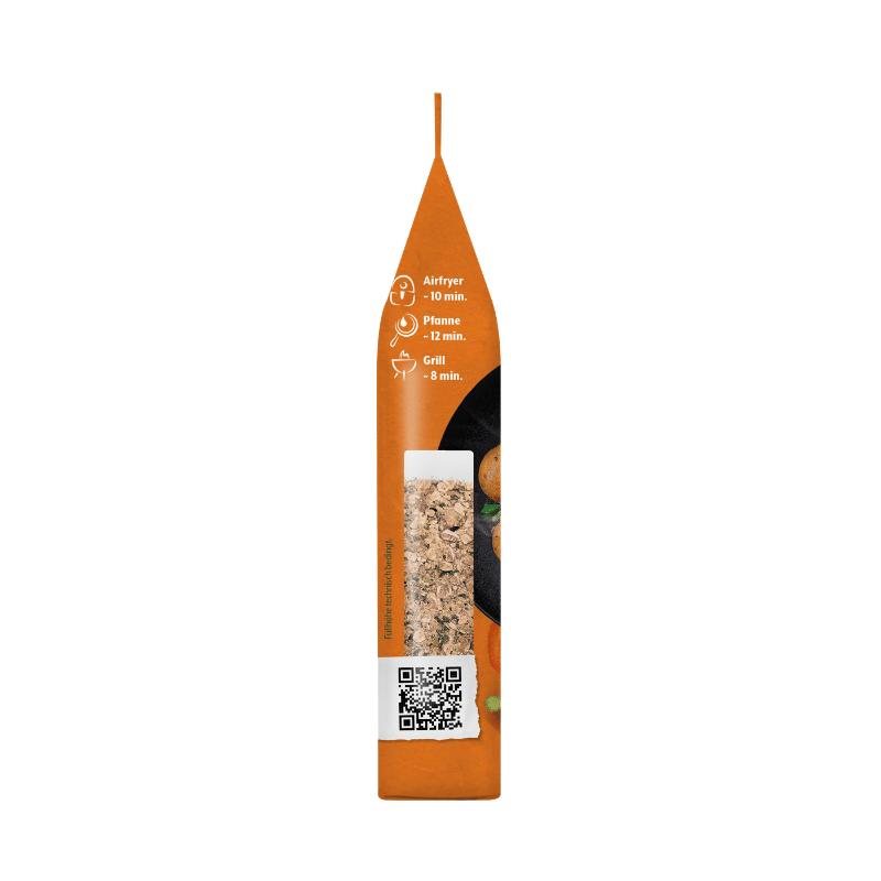Die Seitenansicht der Bohlsener Mühle Falafel Crunchy Packung zeigt Zubereitungshinweise und einen QR-Code.