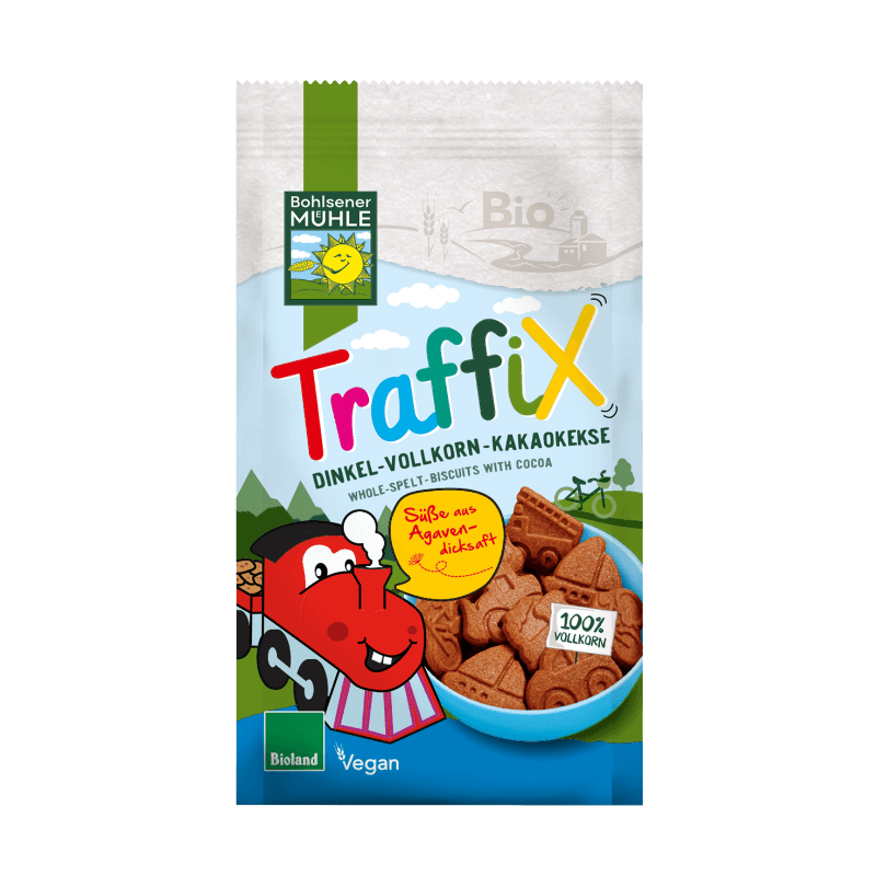 Bohlsener Mühle Traffix Dinkel-Vollkorn-Kakaokekse in einer Verpackung mit buntem Design.