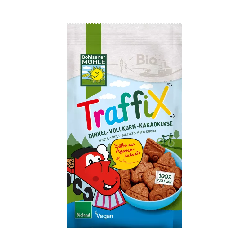 Bohlsener Mühle Traffix Dinkel-Vollkorn-Kakaokekse in einer Verpackung mit buntem Design.