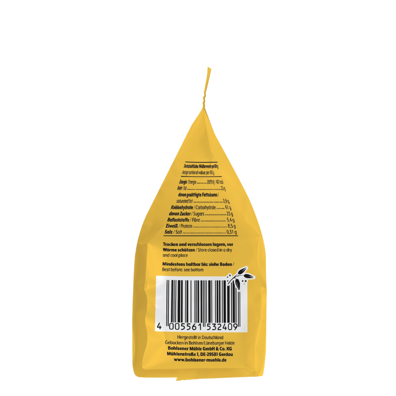 Rückseite der gelben Bohlsener Mühle Cookie Crunchy Packung mit Nährwerttabelle und Barcode auf weißem Hintergrund.