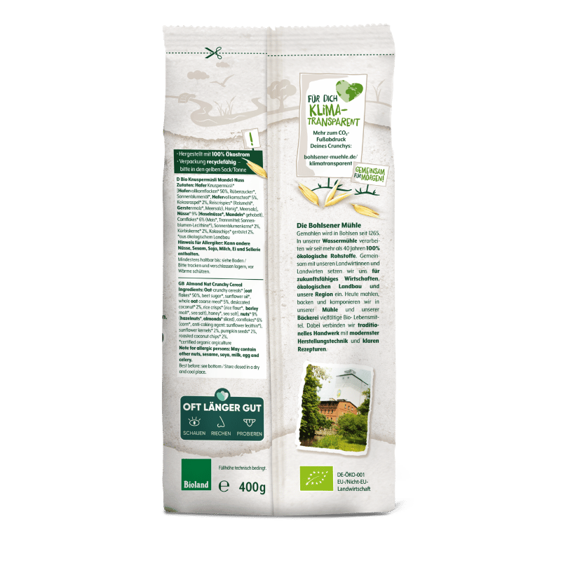 Verpackung des Bohlsener Mühle Crunchy mit Informationen und Zutaten.