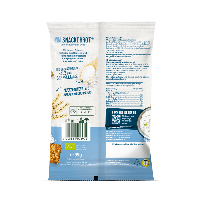Verpackung von Bohlsener Mühle Mini Snäckebrot mit Brezelkruste und Salz.