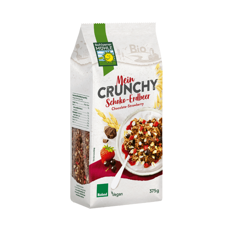 Bohlsener Mühle Mein Crunchy Schoko-Erdbeer in einer Verpackung mit Müsli und Erdbeeren.