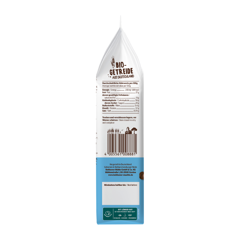 Die Seitenansicht der Bohlsener Mühle Crunchy Cookie Packung zeigt Nährwerttabelle, Barcode und Herstellerangaben.
