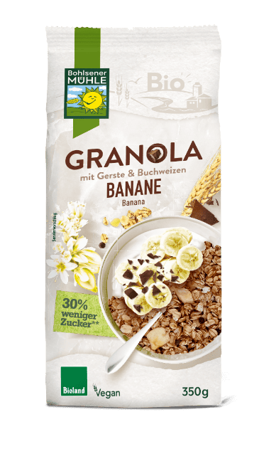 Granola Banane ist ein knusprig gebackenes Bio-Müsli von der Bohlsener Mühle 