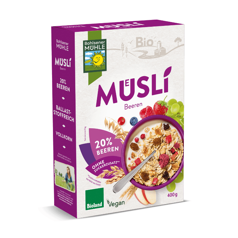 Bohlsener Mühle Müslí mit 20% Bieren in einer Schüssel mit Löffel.