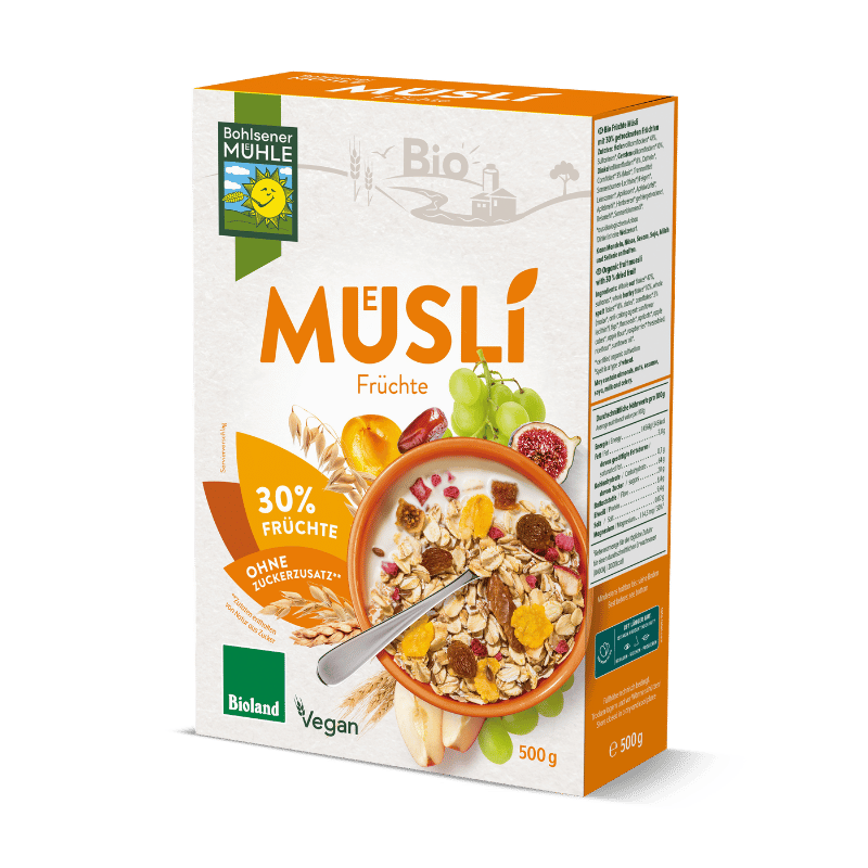 Bohlsener Mühle Müslipackung mit Früchten und einer Schüssel Müsli.