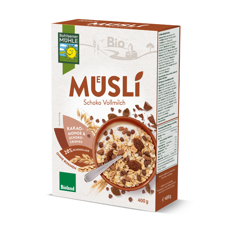 Bohlsener Mühle Schoko Müsli mit Kakao-Monden und Schoko-Crispies in einer Schüssel.
