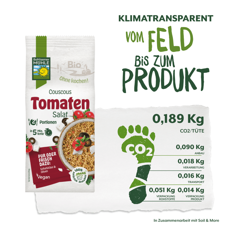 Bohlsener Mühle Couscous-Tomatensalat, klimaneutrales Produkt vom Feld bis auf den Teller. Dieser vegane Salat ist ein Bioprodukt.