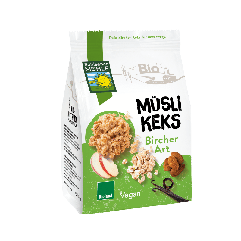 Bohlsener Mühle Müsli Keks Bircher Art mit Hafer, Äpfeln und Mandeln.