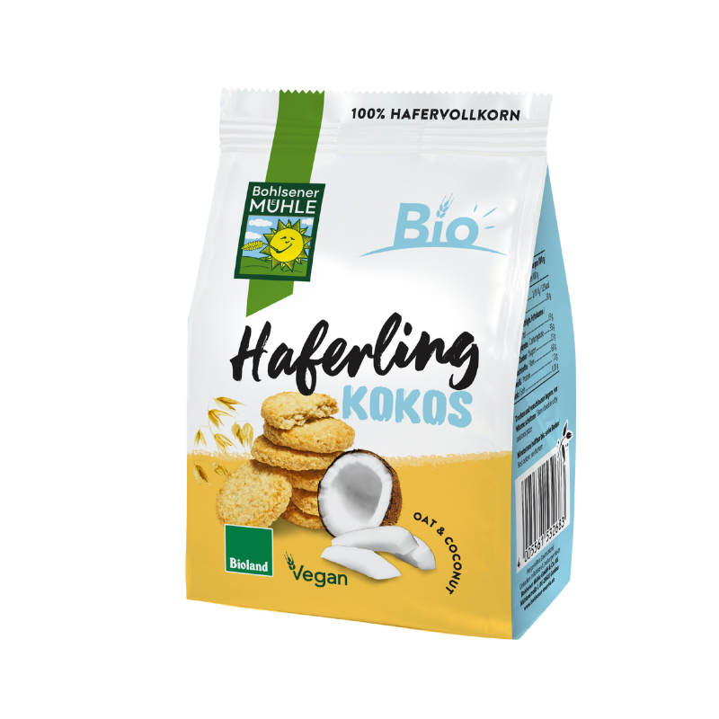 Eine Packung Haferling Kokos von Bohlsener Mühle mit abgebildeten Hafer-Keksen und frischen Kokosnussstücken.