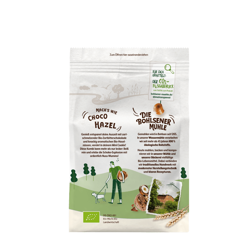 Verpackung von Bohlsener Mühle Choco Hazel Mini Cookies mit Nüssen und Schokolade.