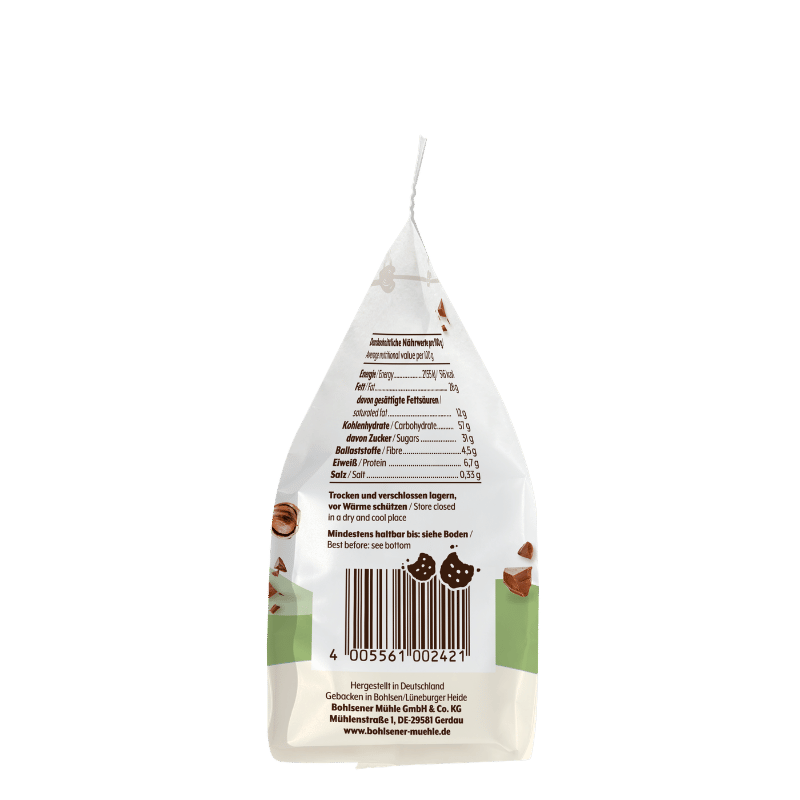 Rückseite der Bohlsener Mühle Cookie Verpackung mit Nährwertangaben.