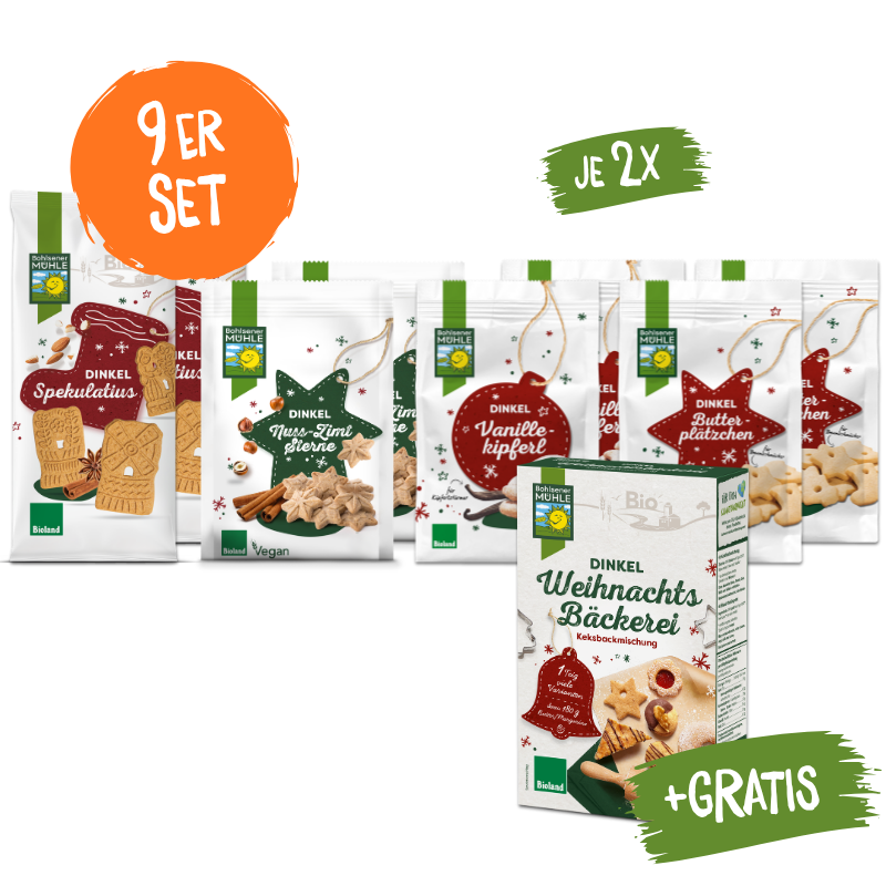 Bohlsener Mühle 9er Set mit Dinkel Keksbackmischungen und verschiedenen weihnachtlichen Cookie-Sorten.