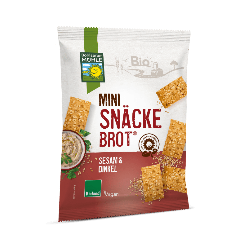 Verpackung von Bohlsener Mühle Mini Snäcke Brot mit Sesam und Dinkel.