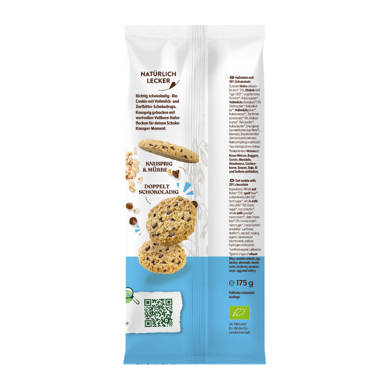 Bohlsener Mühle Hafer-Cookie mit Schokolade, abgebildet sind zwei knusprige Kekse mit Schokodrops auf der Packung.