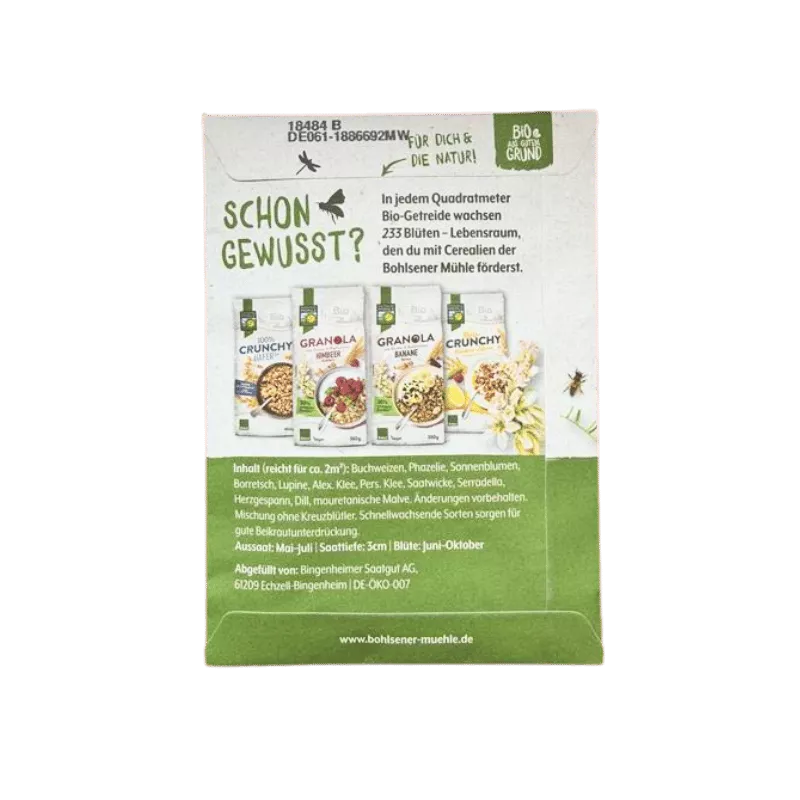 Verpackung der Bohlsener Mühle Crunchy und Granola Cerealien mit Informationen.